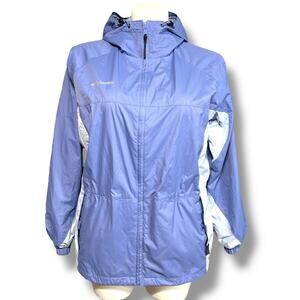 Columbia Womens Packable Lightweight Jacket Hooded Drawstring Waist Hem Blue Lrg
